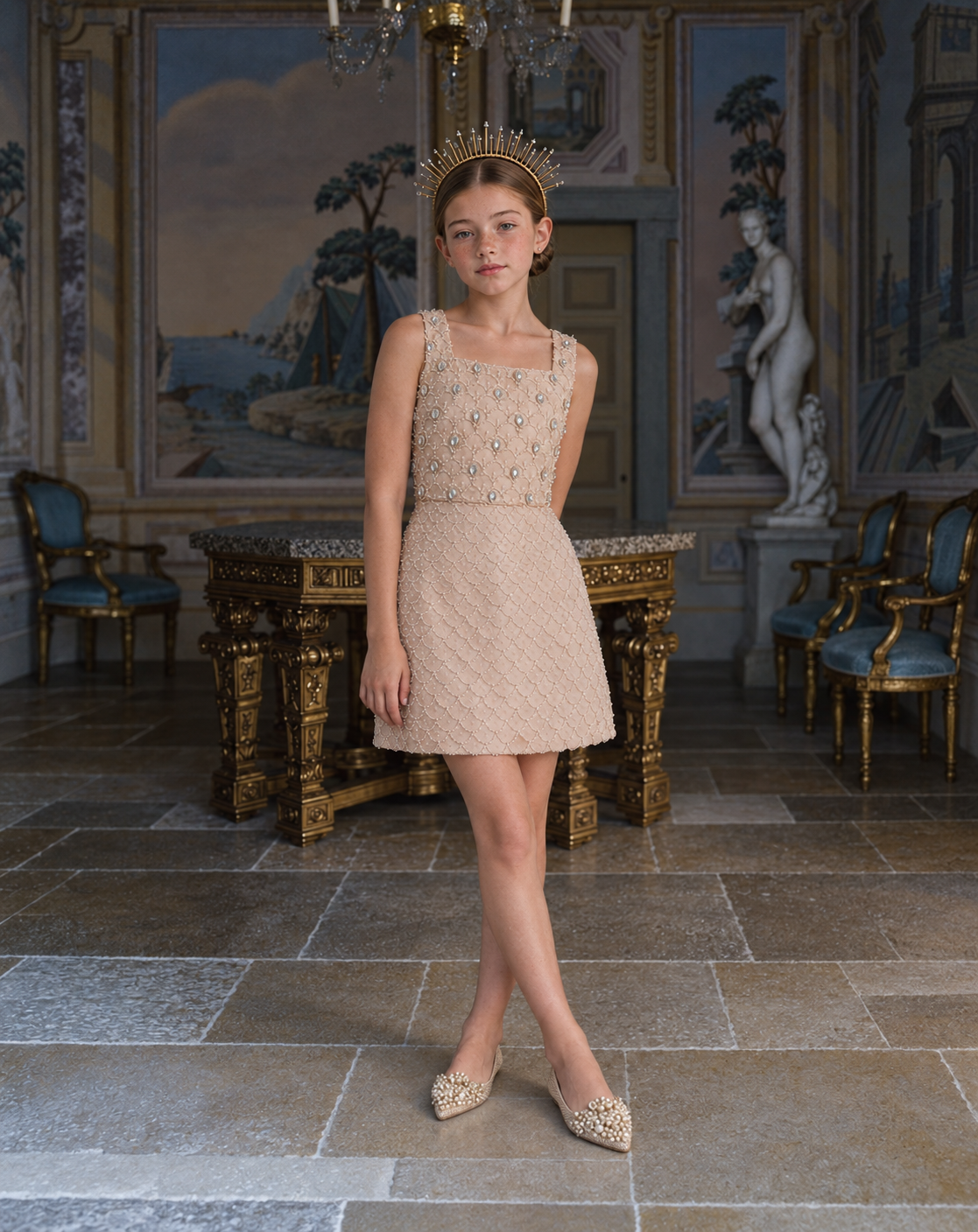 The Genevieve Dress - Champagne Square-Neck Party Gown with Crystals