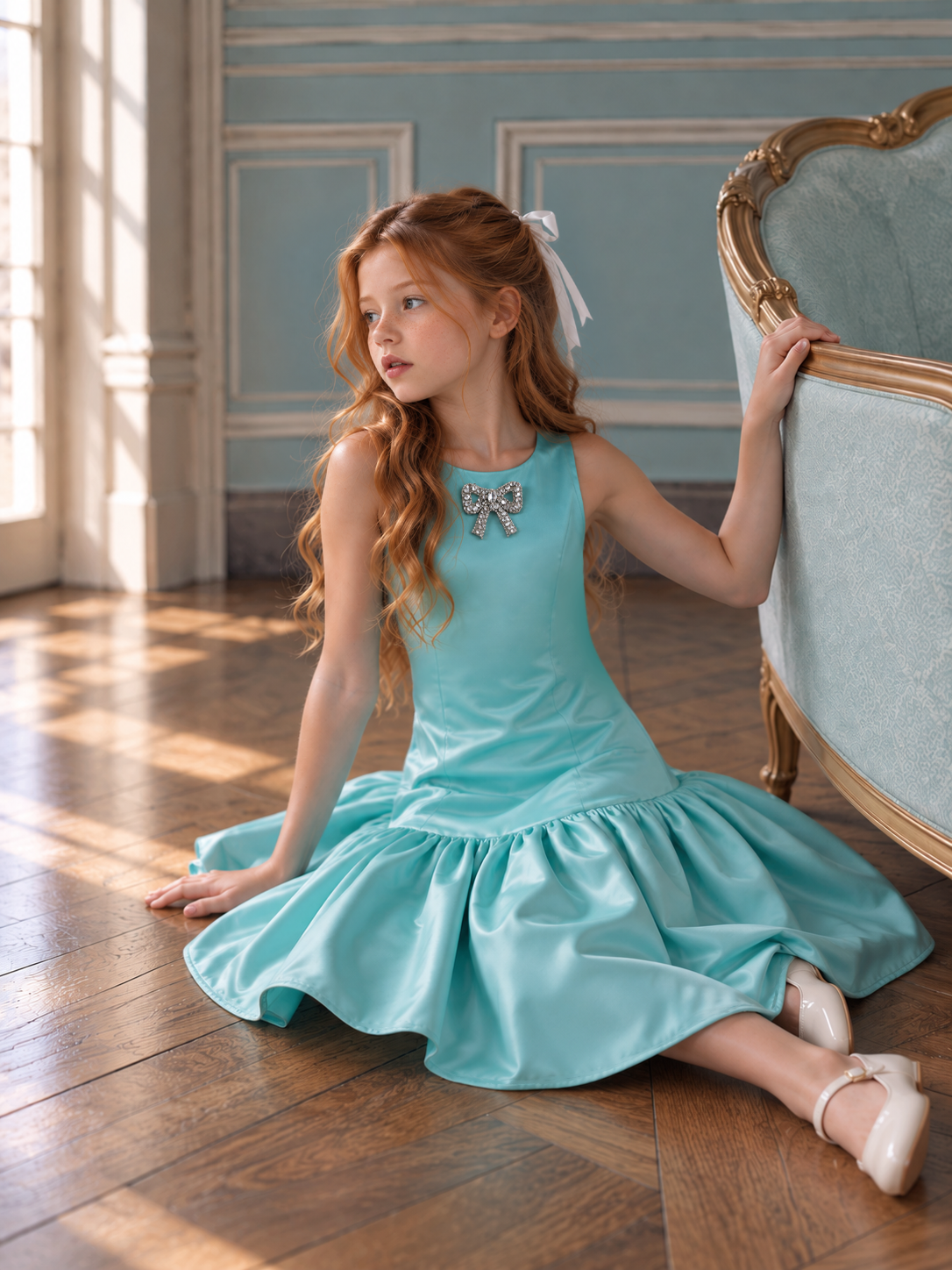 Satin Drop-Waist Turquoise Dress