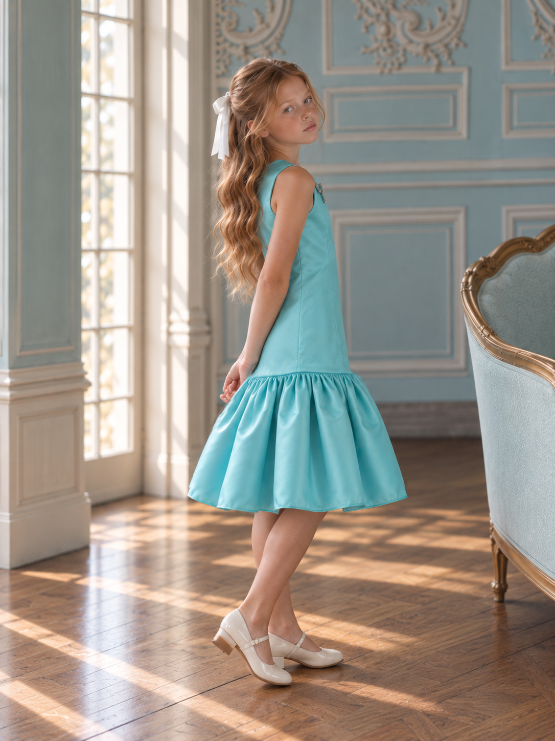 Satin Drop-Waist Turquoise Dress