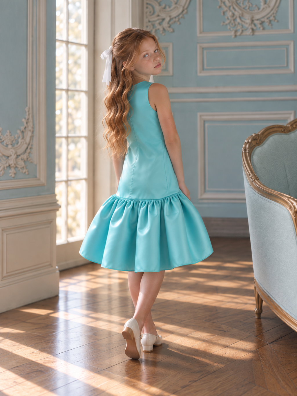 Satin Drop-Waist Turquoise Dress