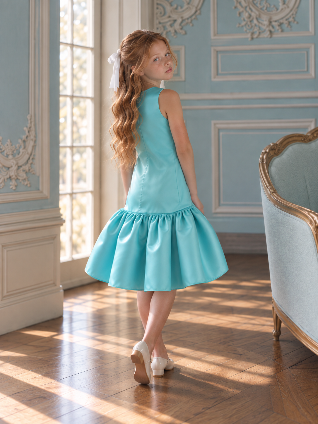 Satin Drop-Waist Turquoise Dress