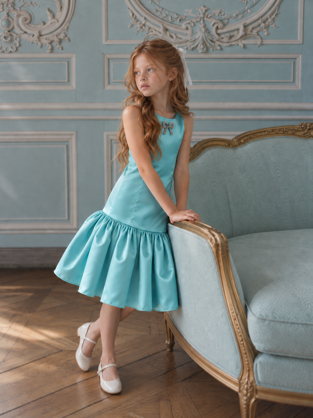 Satin Drop-Waist Turquoise Dress