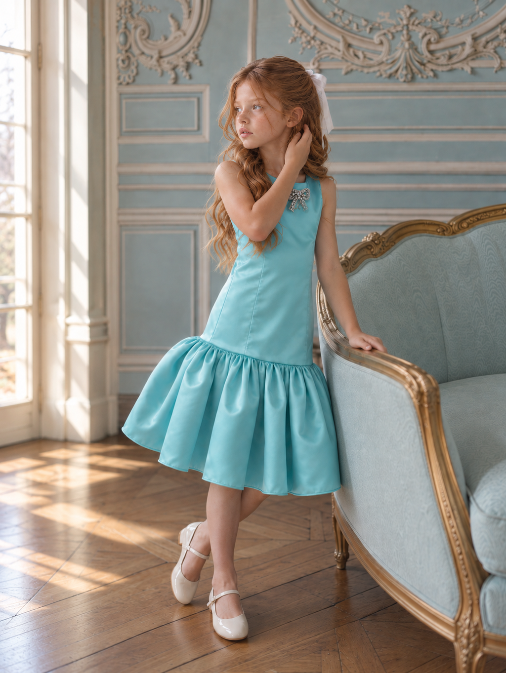 Satin Drop-Waist Turquoise Dress