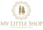 A logo-style graphic with the words 'MY LITTLE SHOP' and 'CHILDRENSBOUTIQUE' in warm tan/gold lettering on a white background, with an ornate circular emblem above featuring silhouettes of two children.