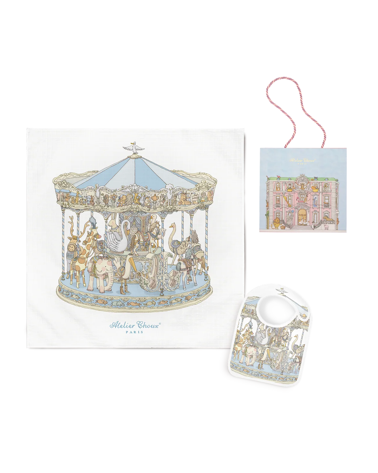 Carré & Satin Bib Set - Carousel Blue