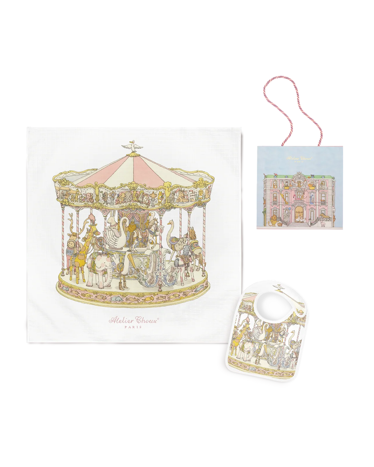 Carré & Satin Bib Set - Carousel Pink