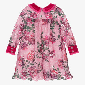 Patachou Girls Pink Floral Lace & Velvet Dress