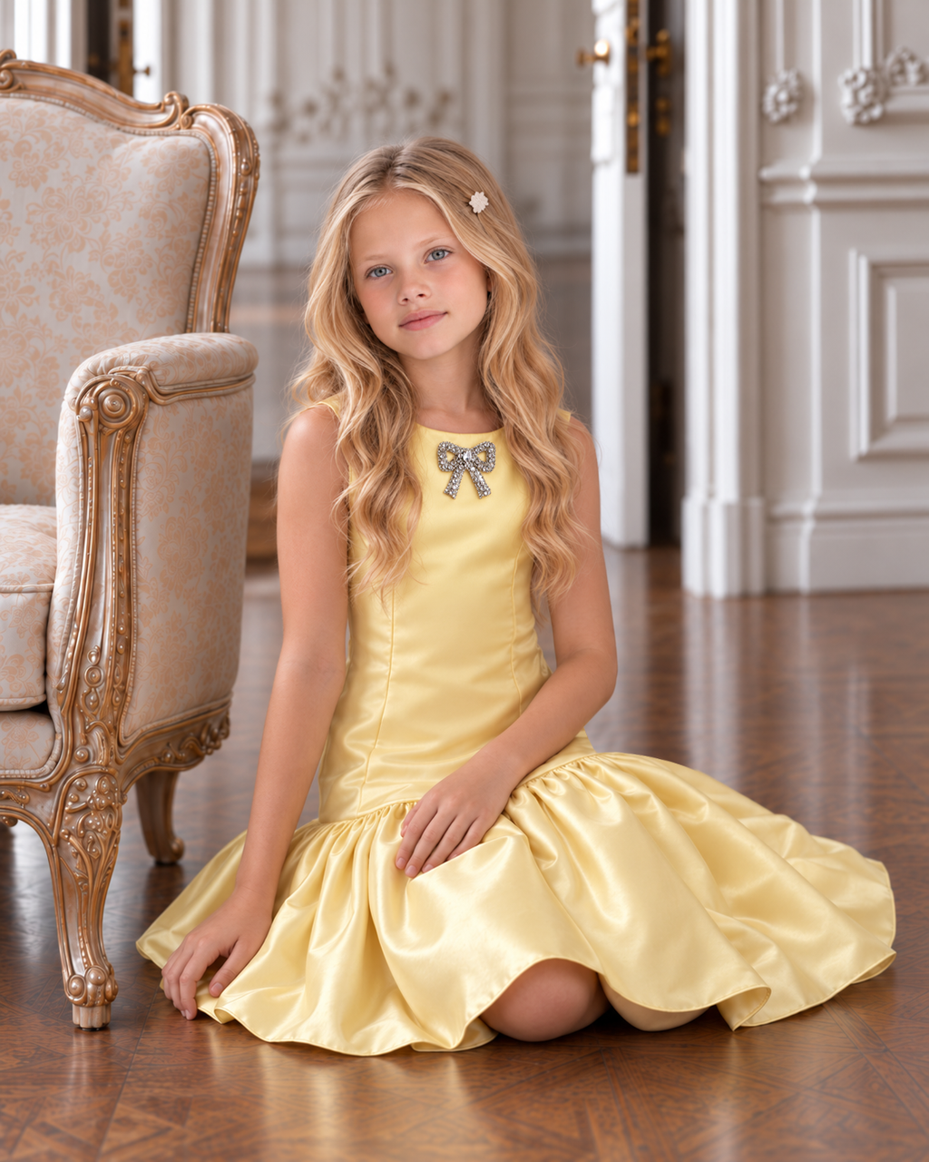 Satin Drop-Waist Sunflower Dress