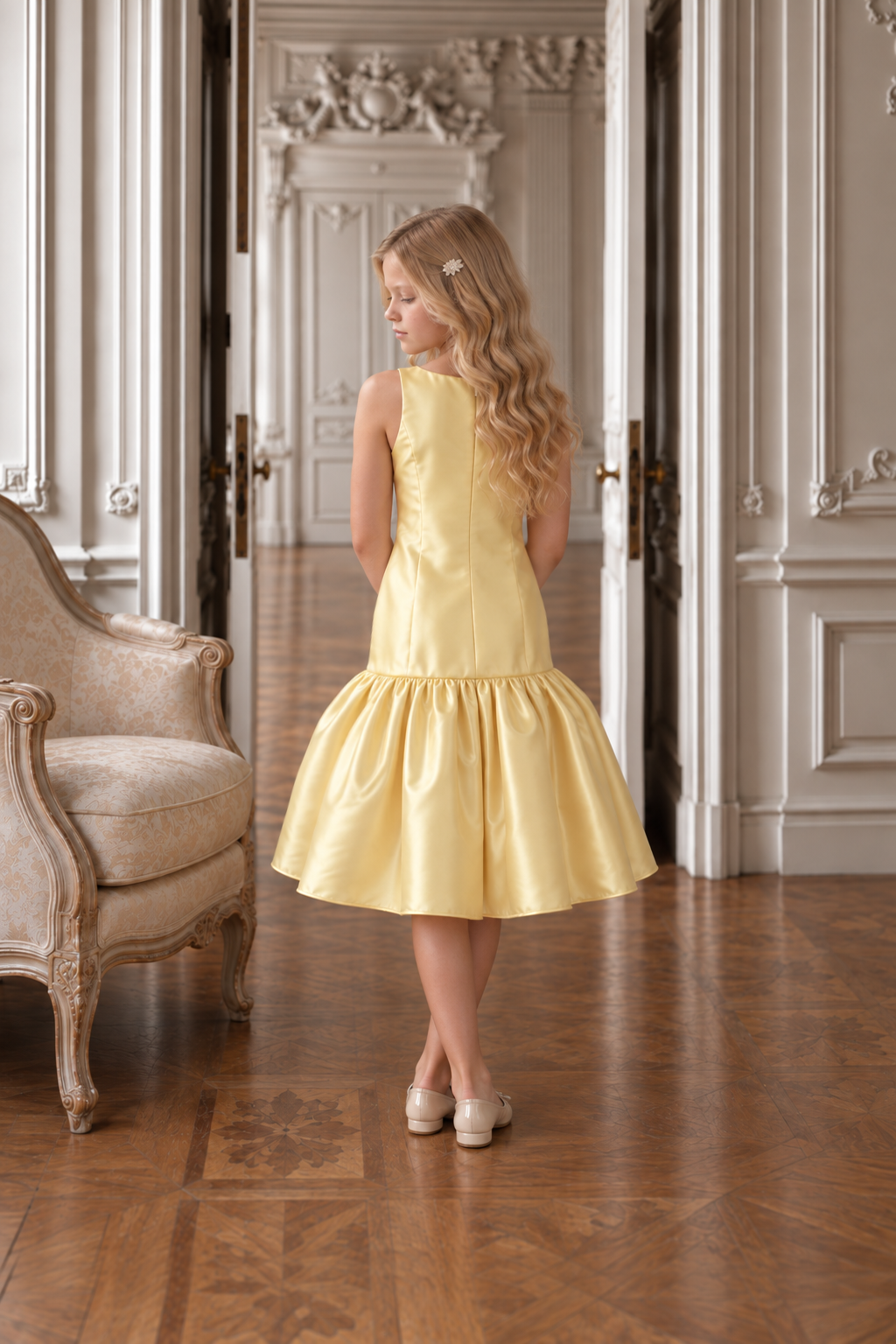 Satin Drop-Waist Sunflower Dress