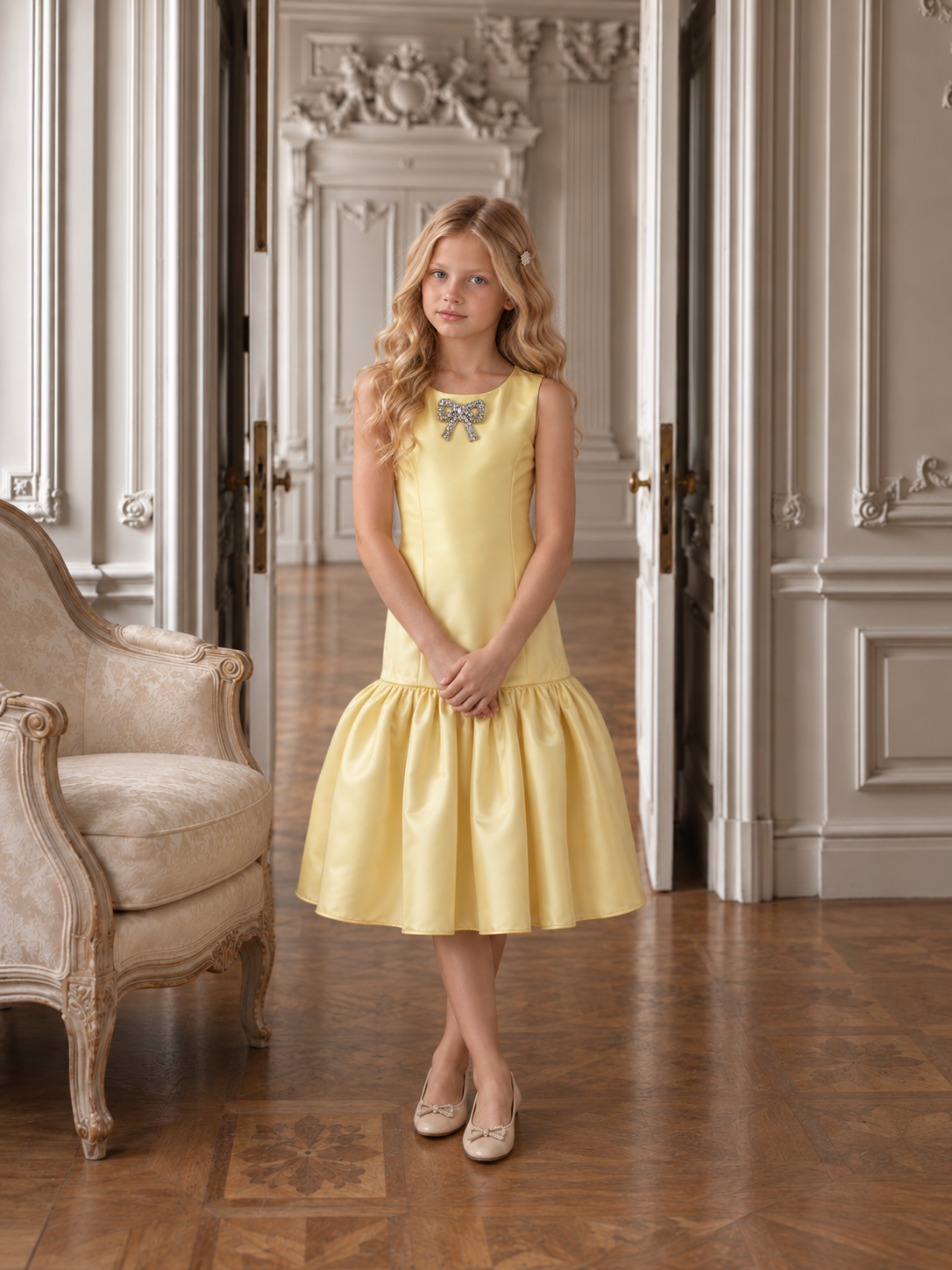 Satin Drop-Waist Sunflower Dress