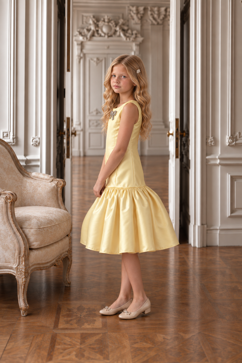 Satin Drop-Waist Sunflower Dress