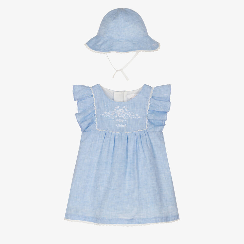 Chloé  Baby Girls Blue Linen Dress with hat